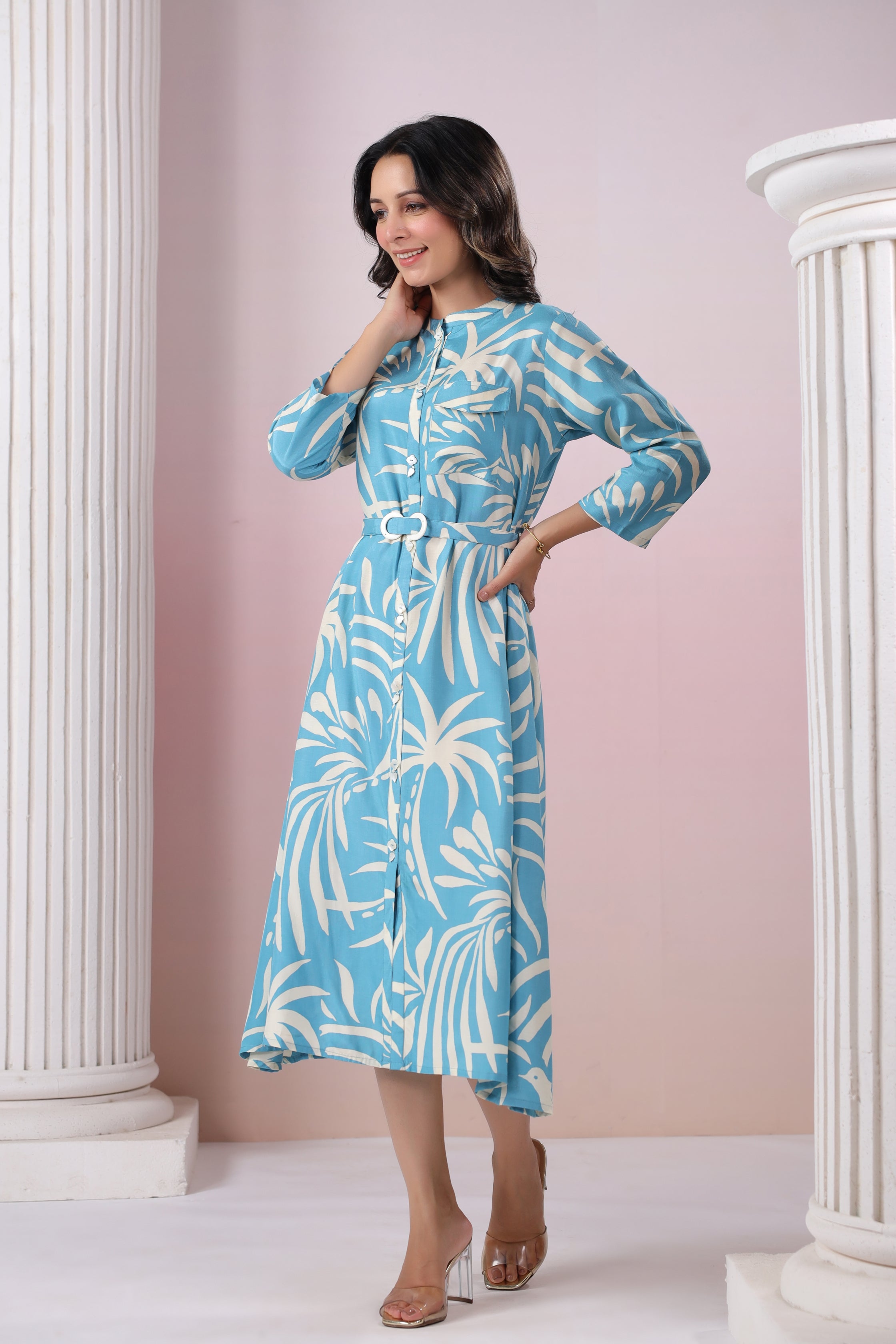 Blue Russian Silk Floral  Printed Midi Dress With Belt