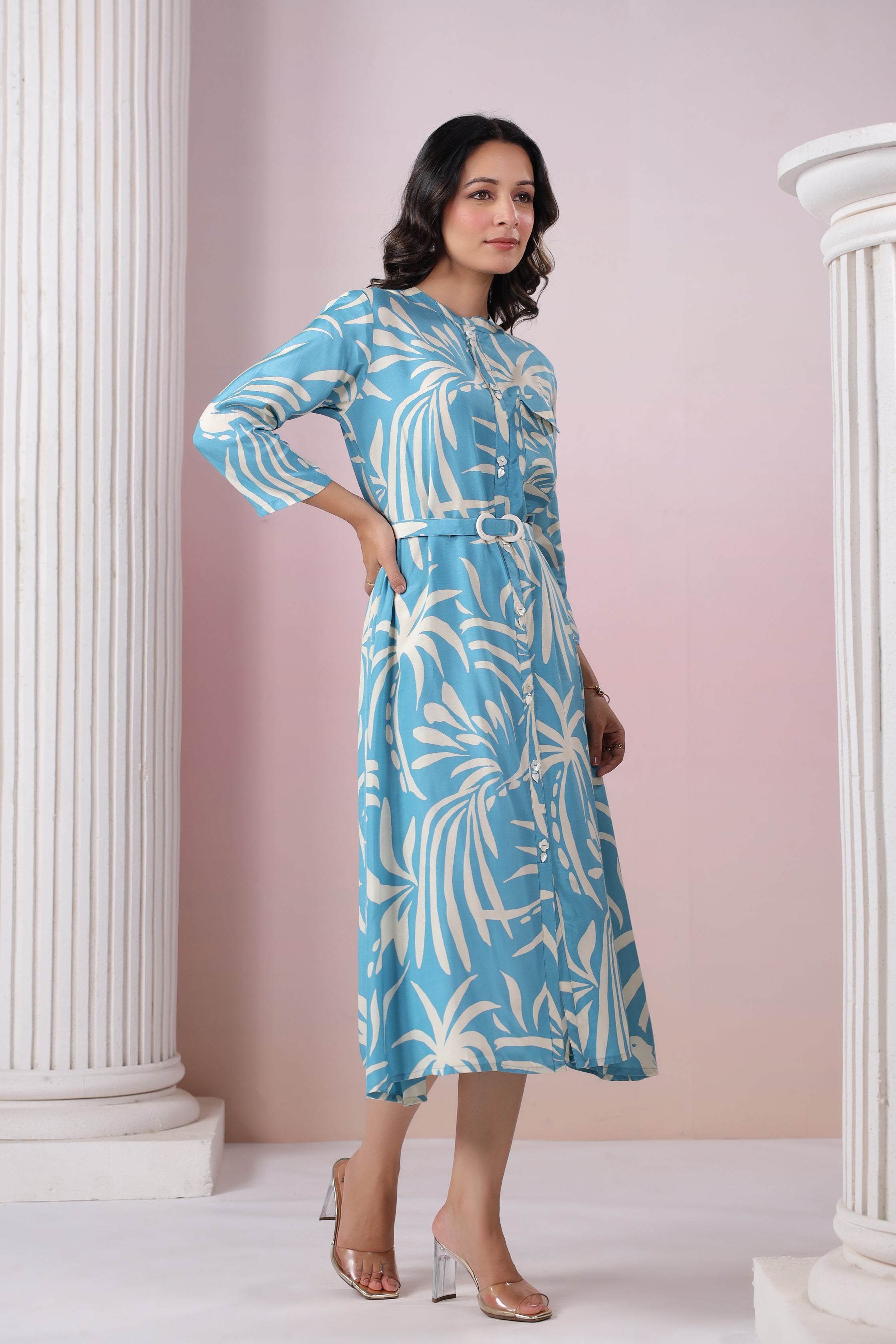 Blue Russian Silk Floral  Printed Midi Dress With Belt