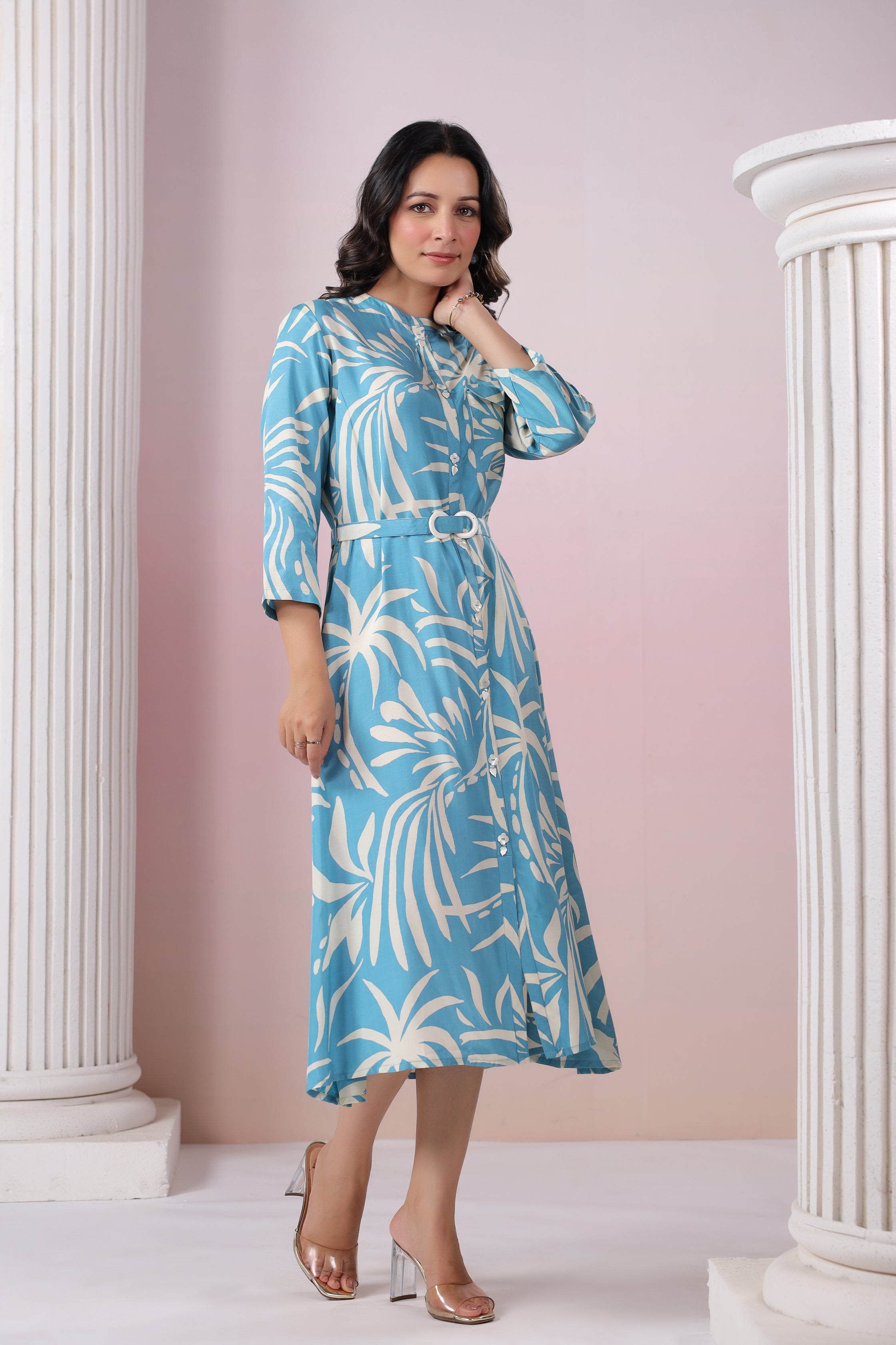 Blue Russian Silk Floral  Printed Midi Dress With Belt