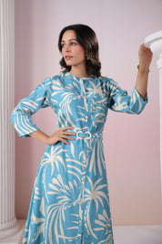 Blue Russian Silk Floral  Printed Midi Dress With Belt