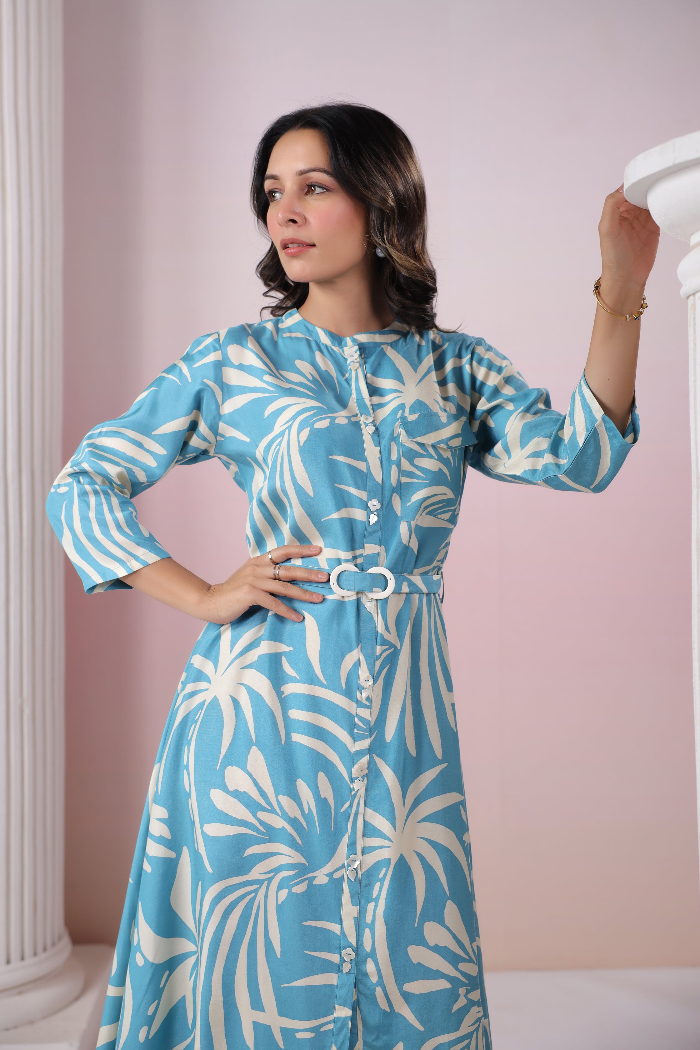 Blue Russian Silk Floral  Printed Midi Dress With Belt