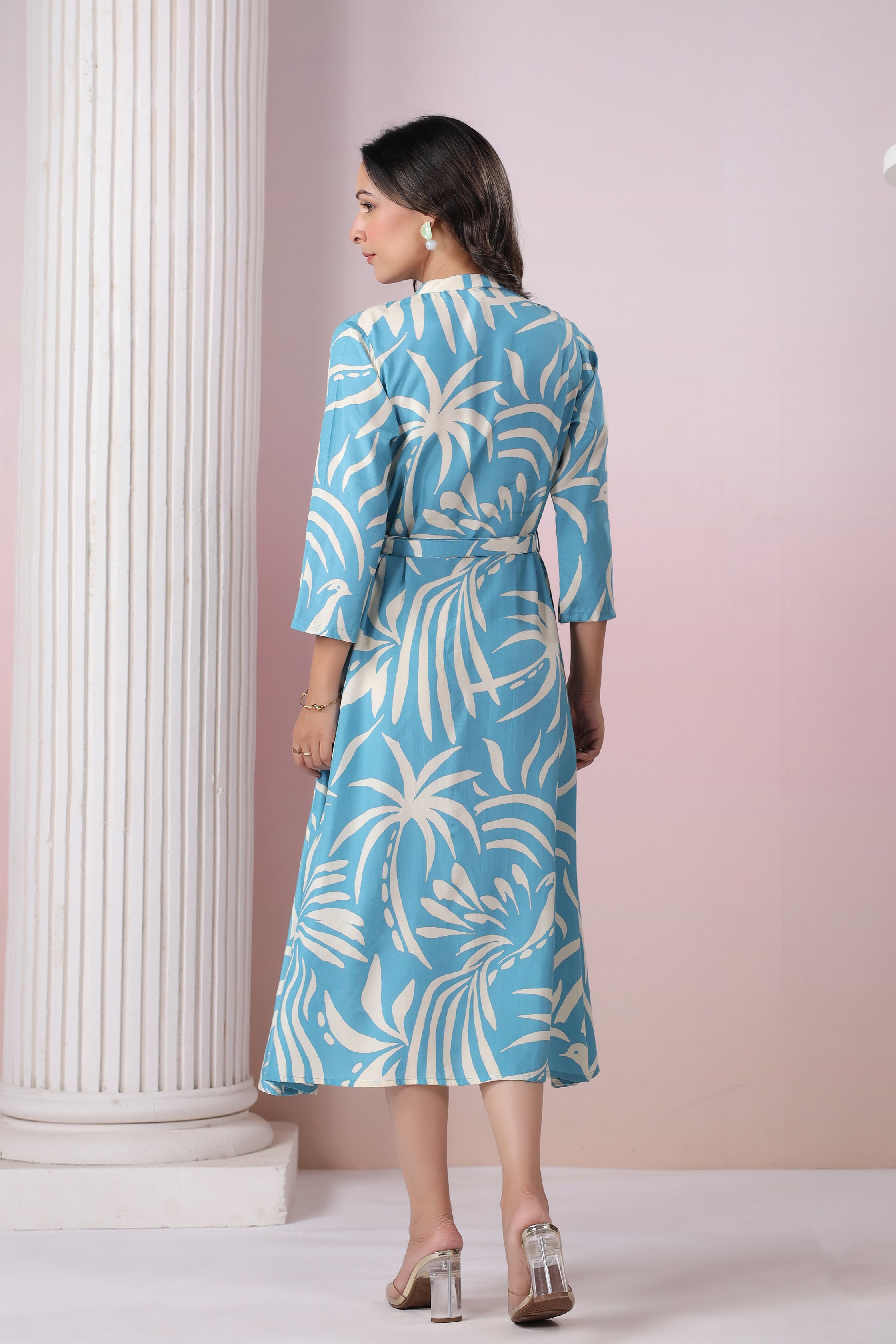 Blue Russian Silk Floral  Printed Midi Dress With Belt