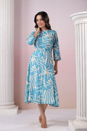 Blue Russian Silk Floral  Printed Midi Dress With Belt