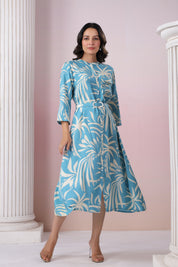 Blue Russian Silk Floral  Printed Midi Dress With Belt