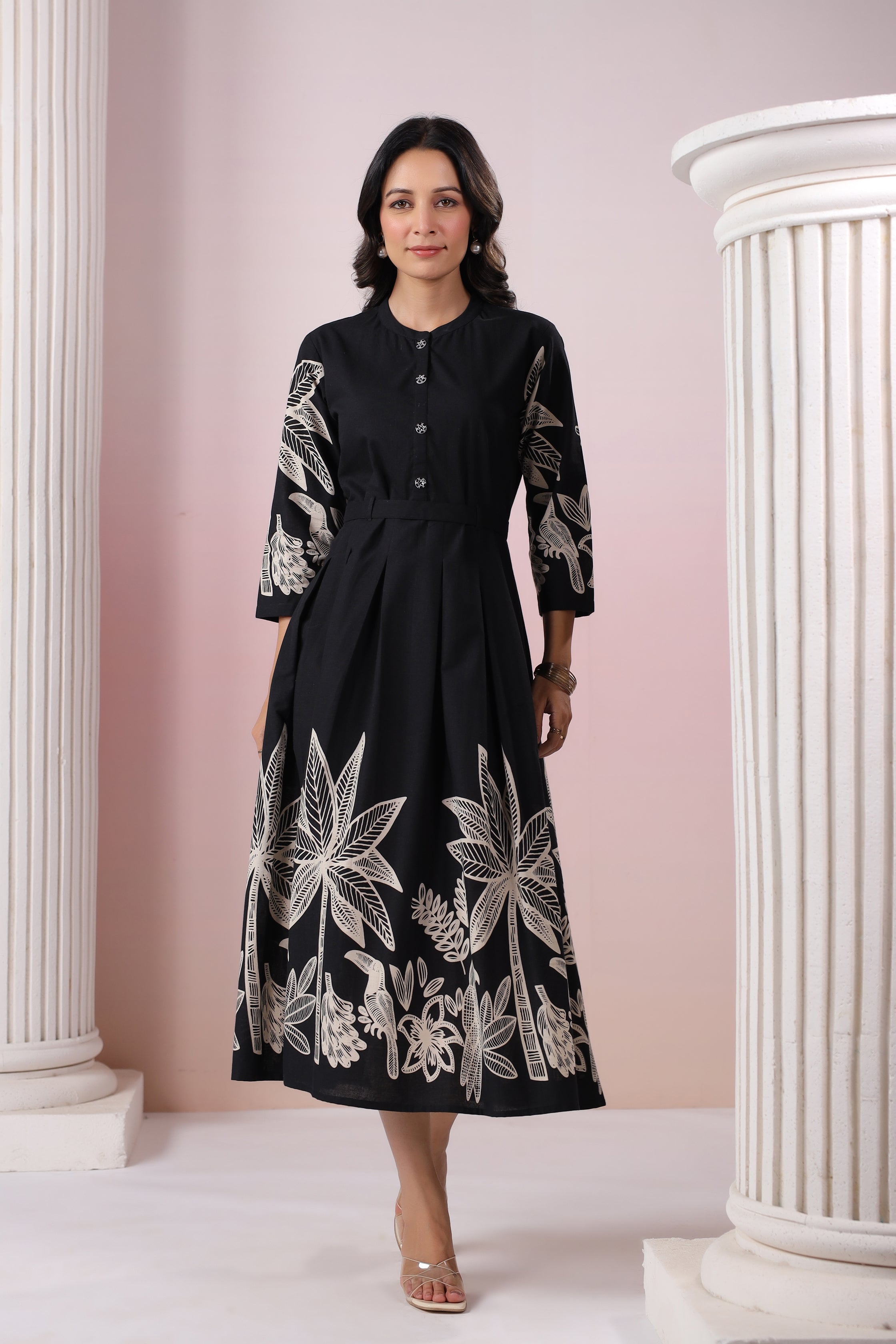 Black Russian Silk Printed Midi Dress