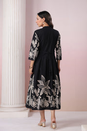 Black Russian Silk Printed Midi Dress