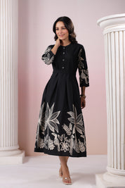 Black Russian Silk Printed Midi Dress