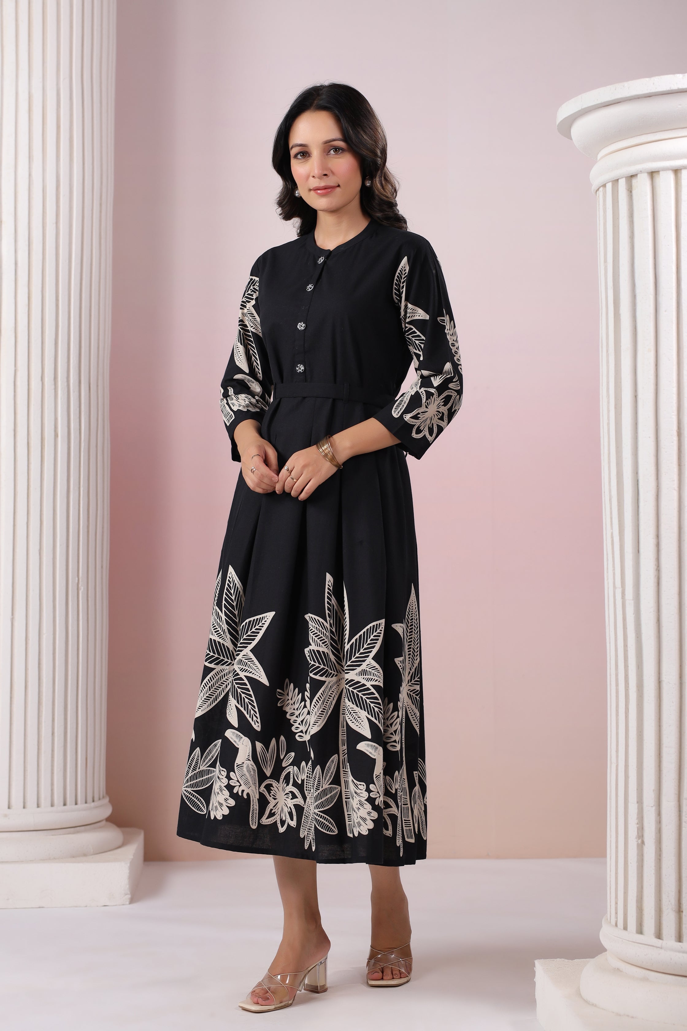 Black Russian Silk Printed Midi Dress