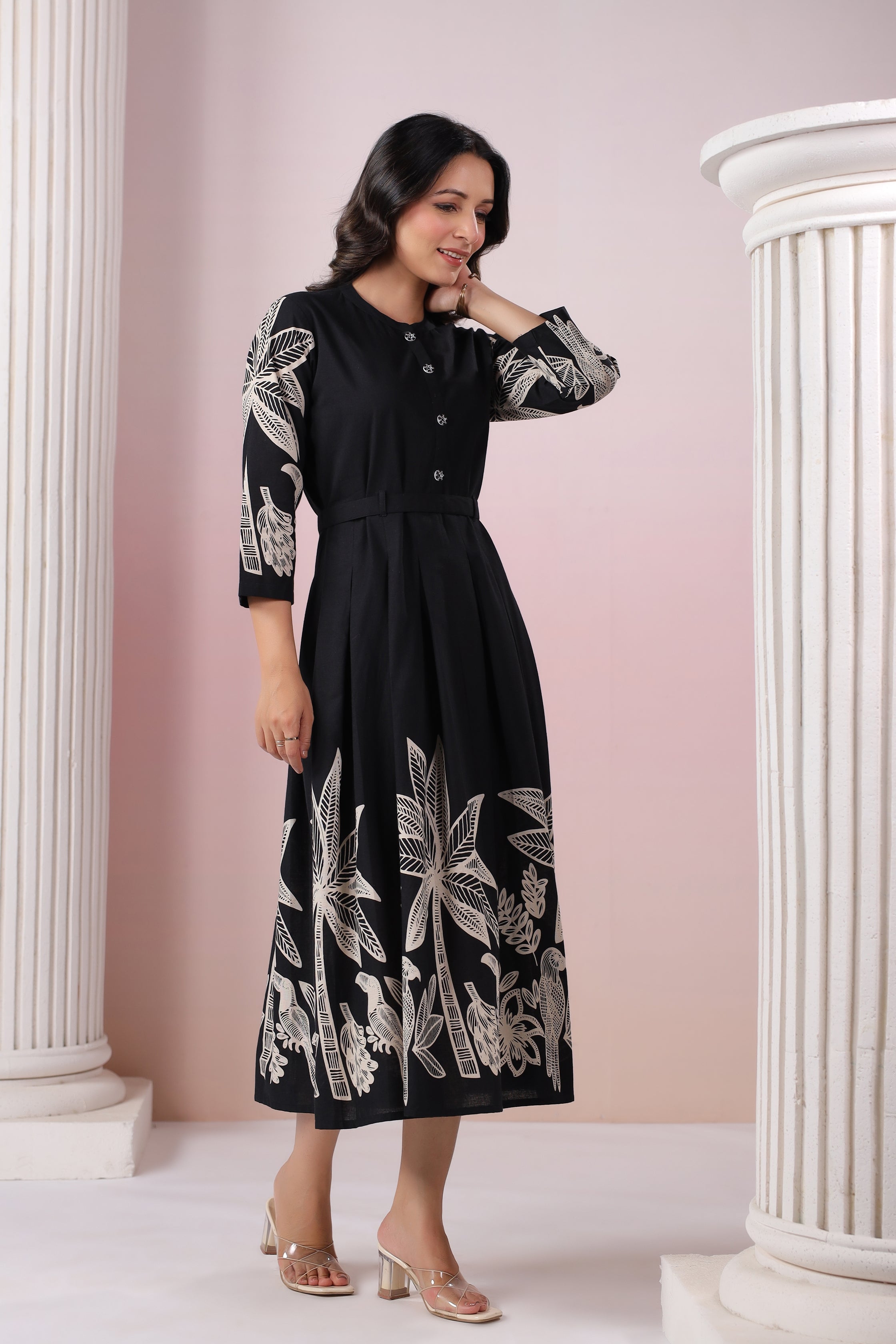 Black Russian Silk Printed Midi Dress