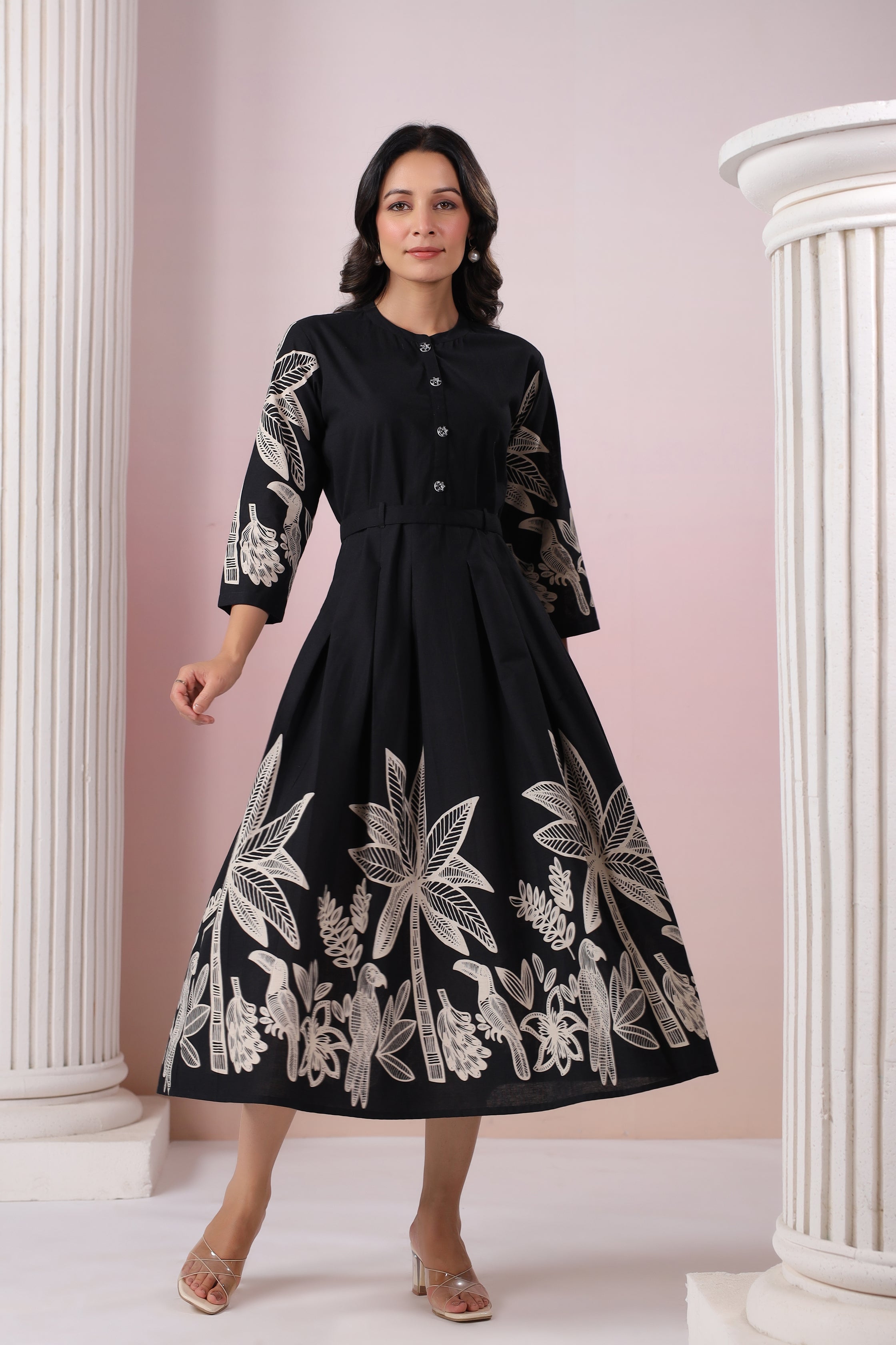 Black Russian Silk Printed Midi Dress