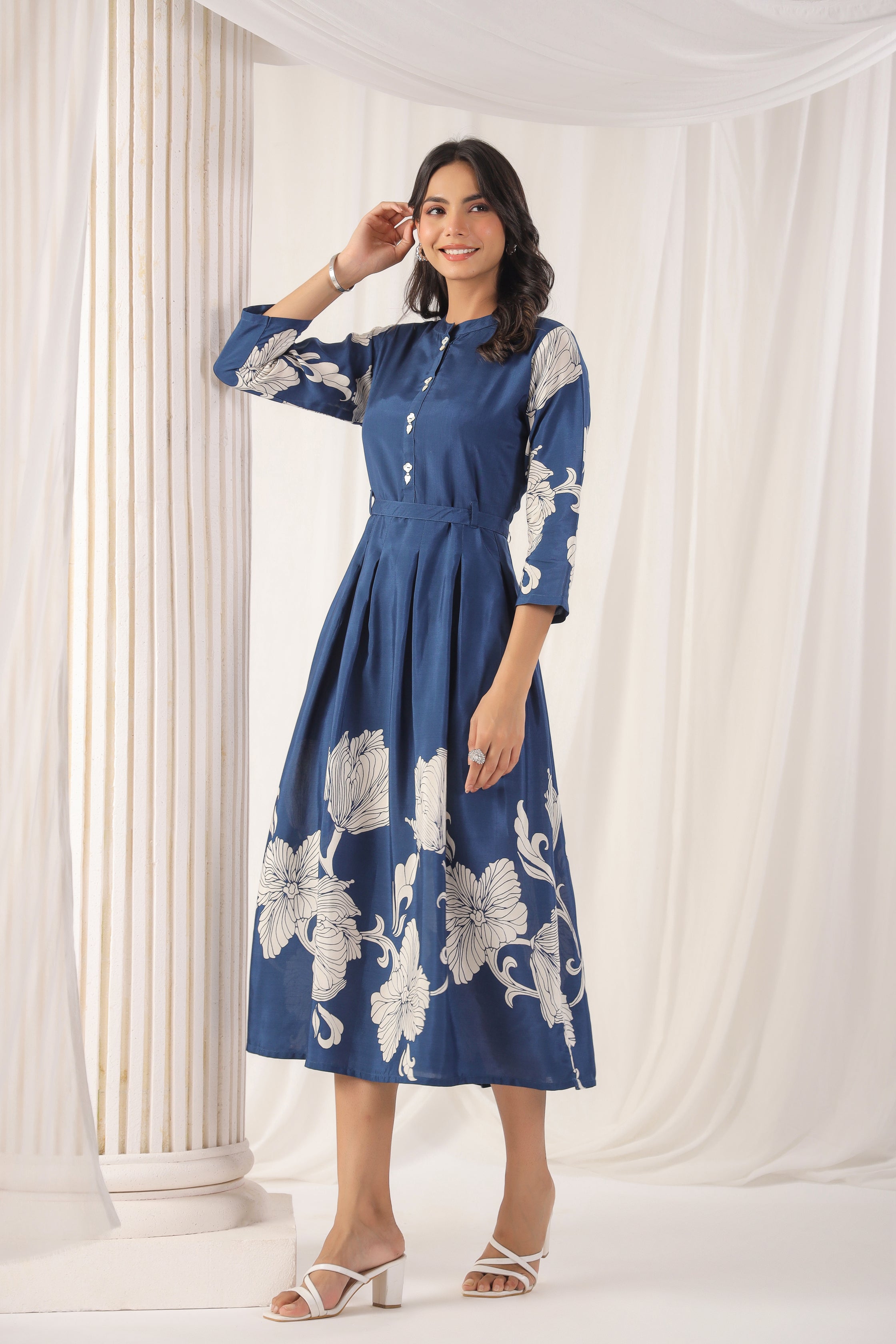 Teal Blue Russian Silk Bold Floral  Printed Midi Dress