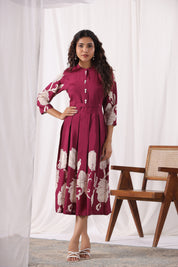 Wine Russian Silk Floral Printed Midi  Dress