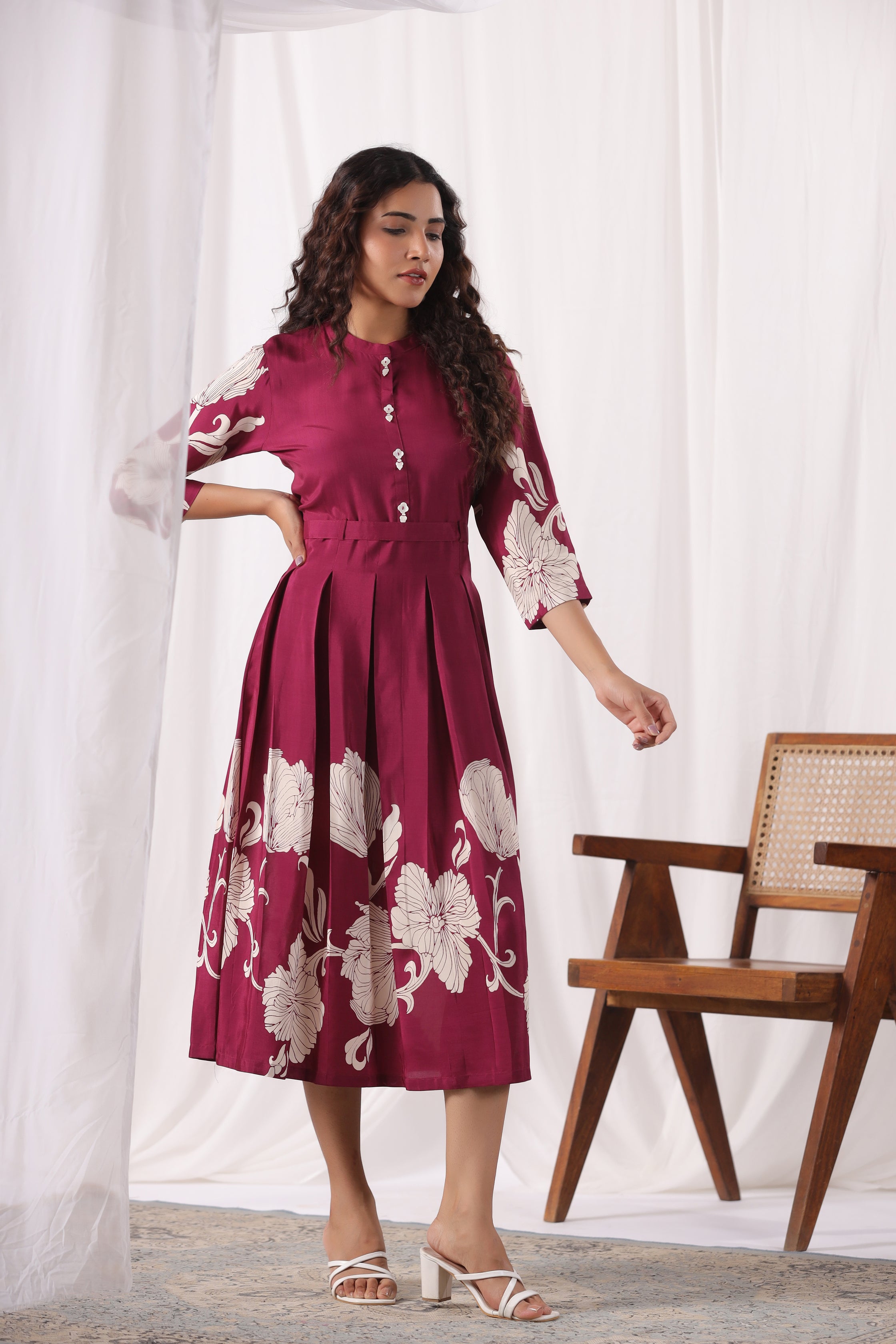 Wine Russian Silk Floral Printed Midi  Dress