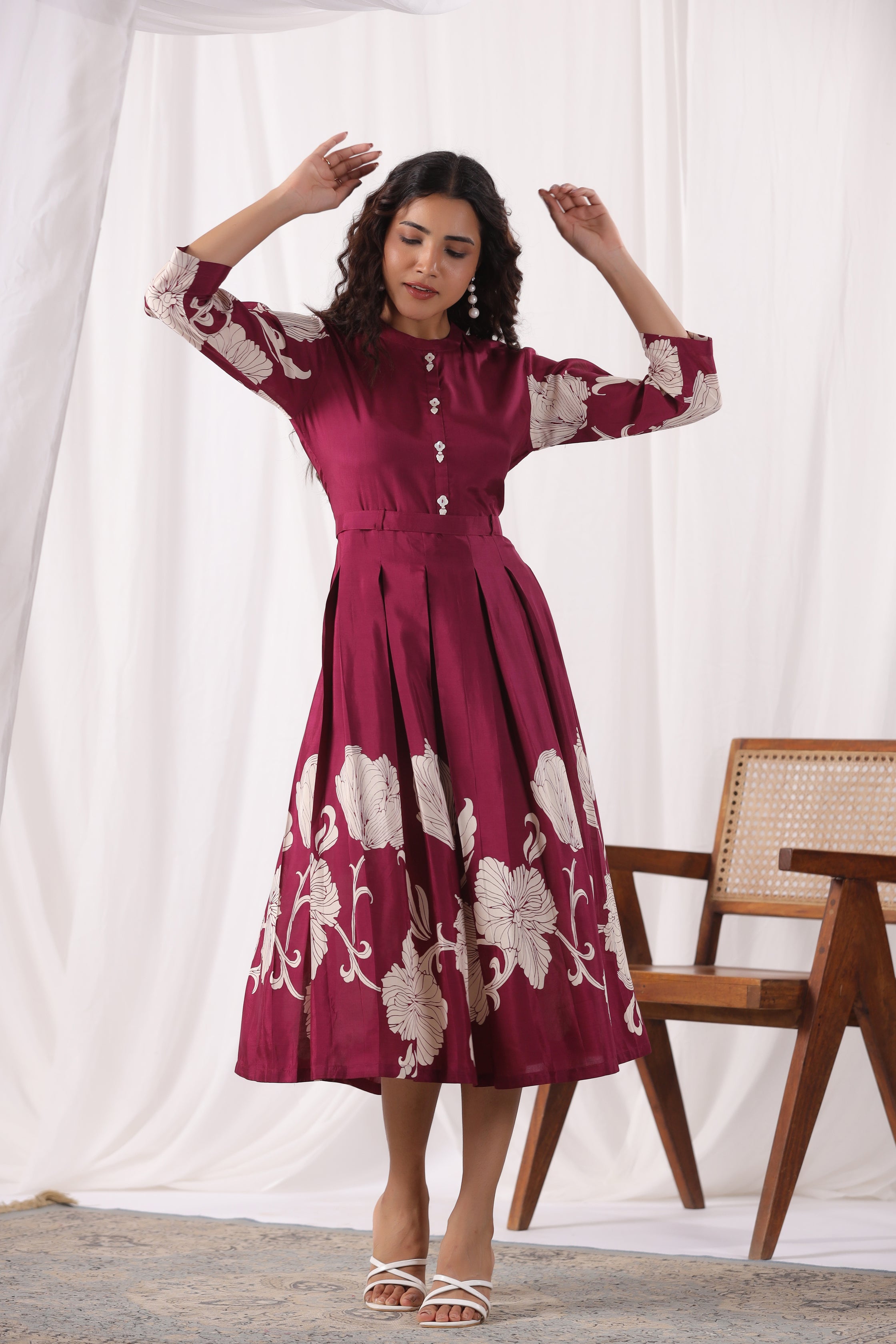 Wine Russian Silk Floral Printed Midi  Dress