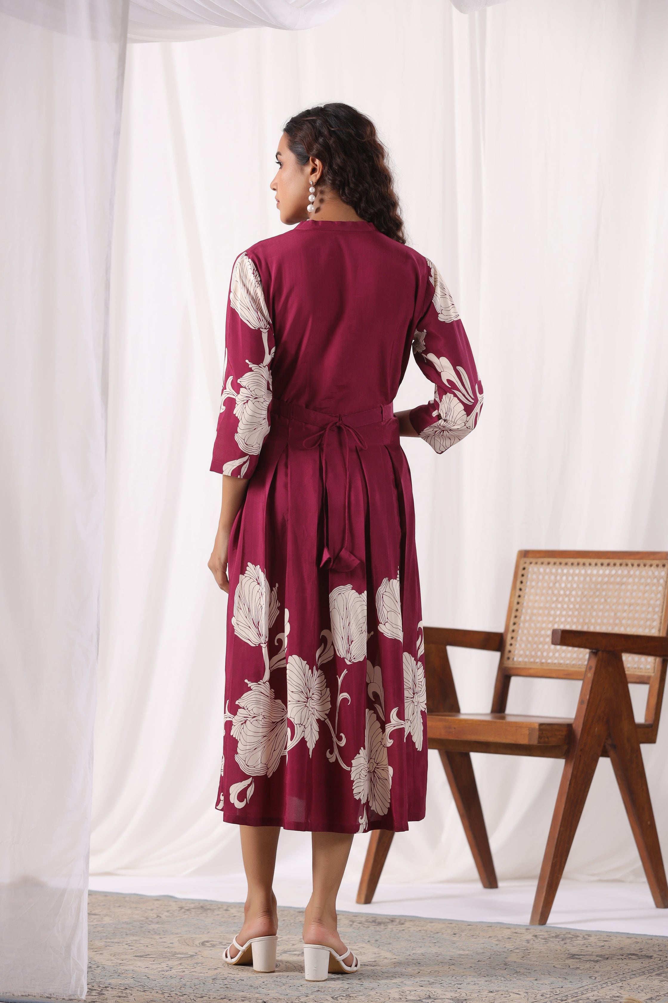 Wine Russian Silk Floral Printed Midi  Dress