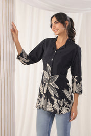 Black Floral Print Russian Silk Tunic