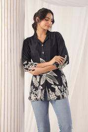 Black Floral Print Russian Silk Tunic