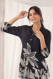 Black Floral Print Russian Silk Tunic