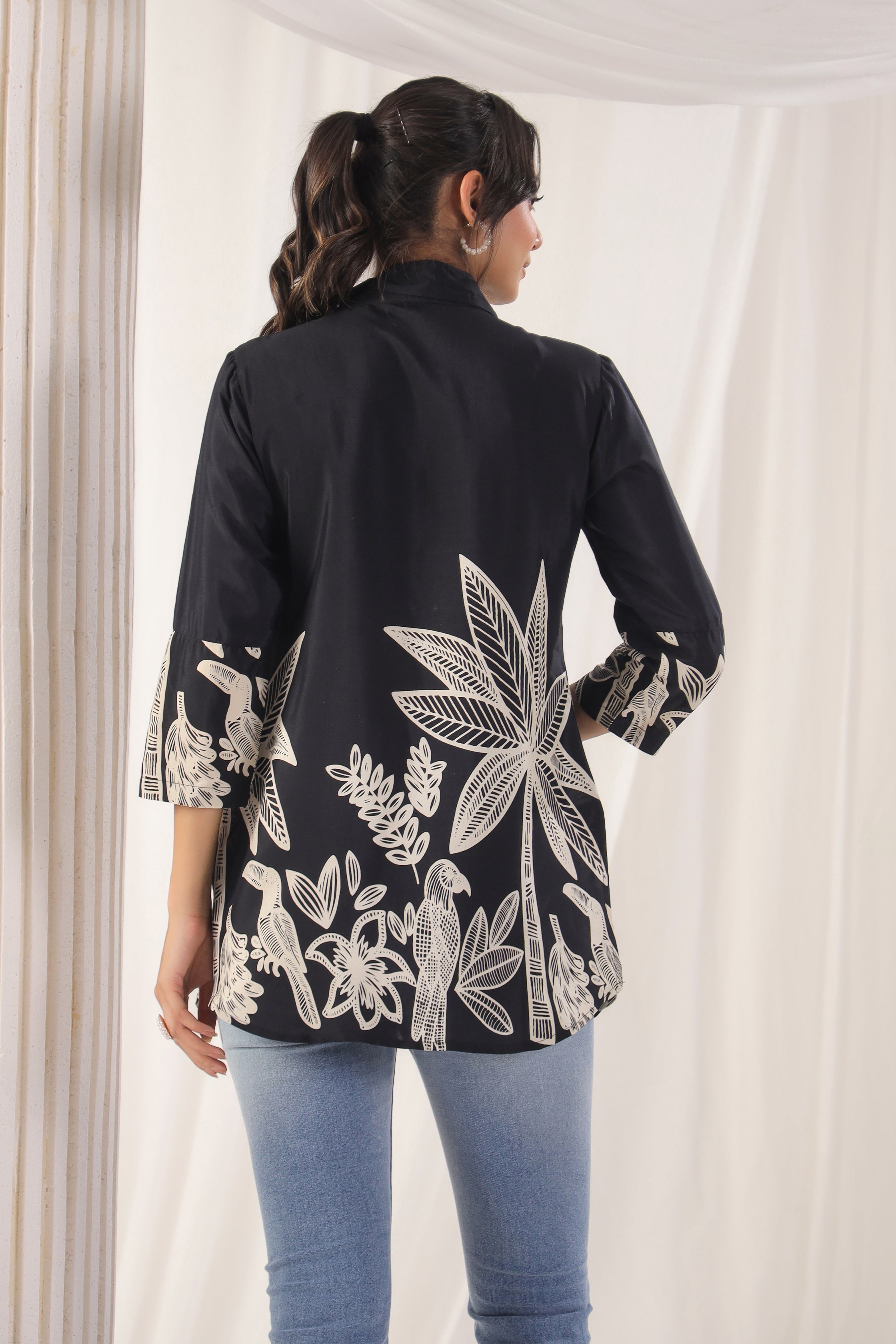 Black Floral Print Russian Silk Tunic