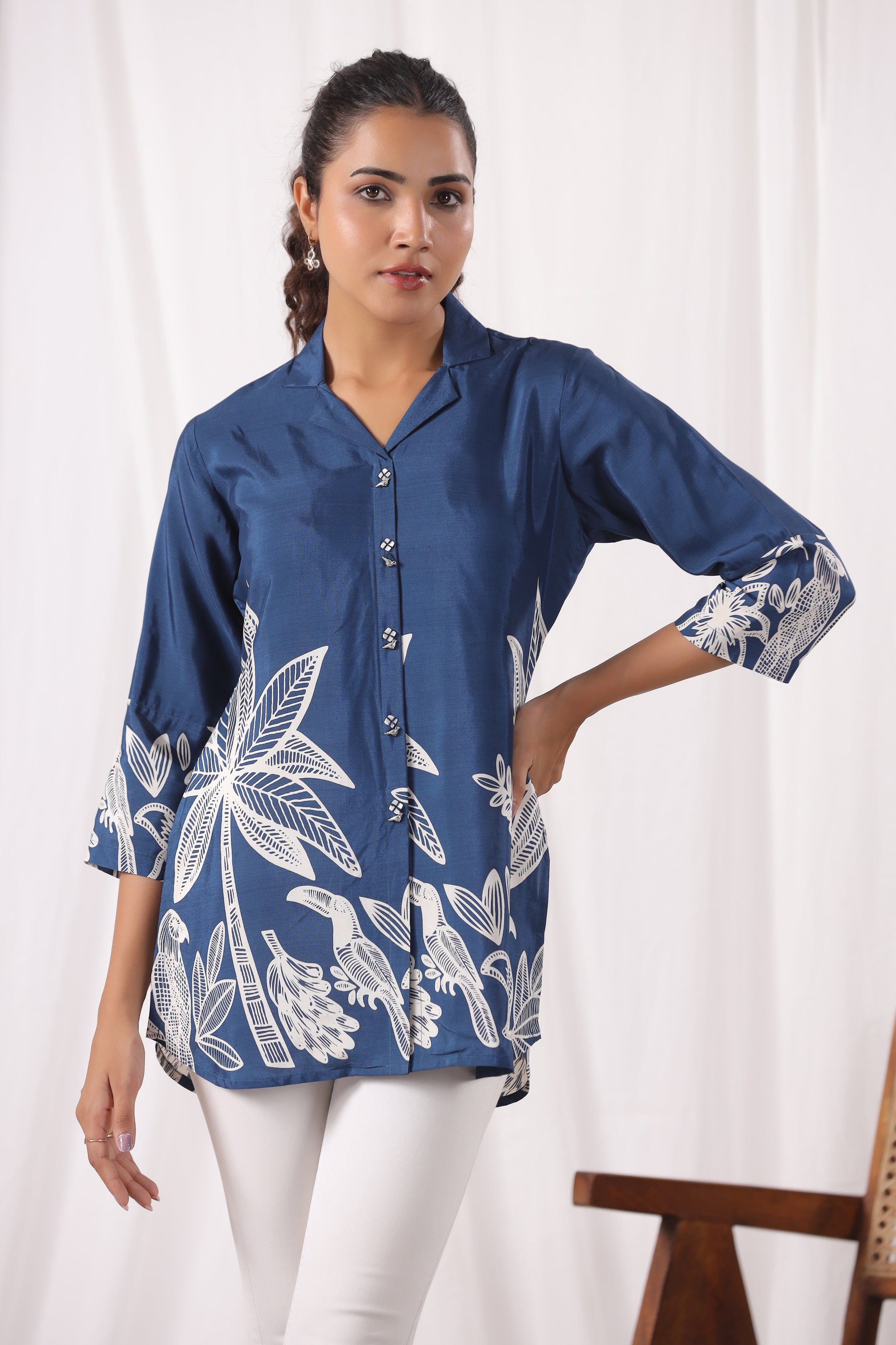 Royal Blue Bold Floral Printed Russian Silk Tunic