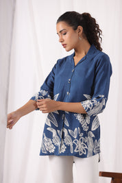 Royal Blue Bold Floral Printed Russian Silk Tunic