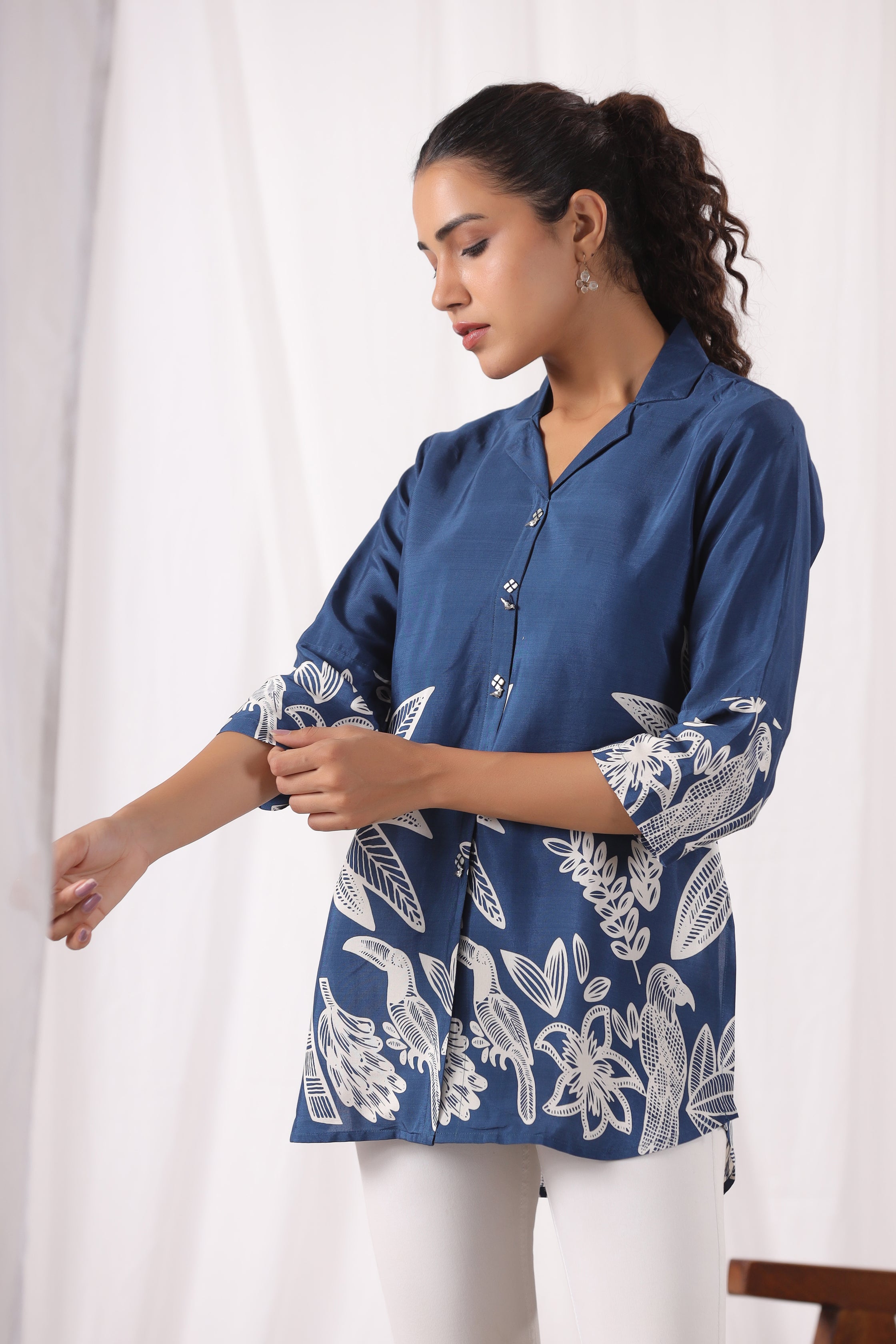 Royal Blue Bold Floral Printed Russian Silk Tunic