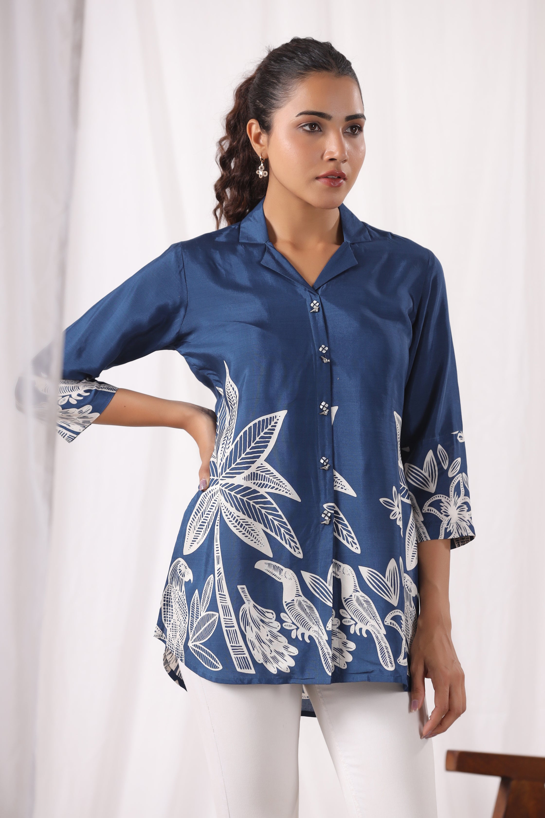 Royal Blue Bold Floral Printed Russian Silk Tunic