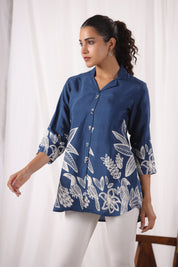 Royal Blue Bold Floral Printed Russian Silk Tunic