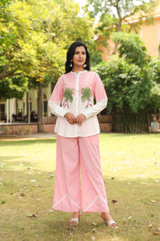 Pink Cotton Slub Co-ord Set with Green Flower Embellishment