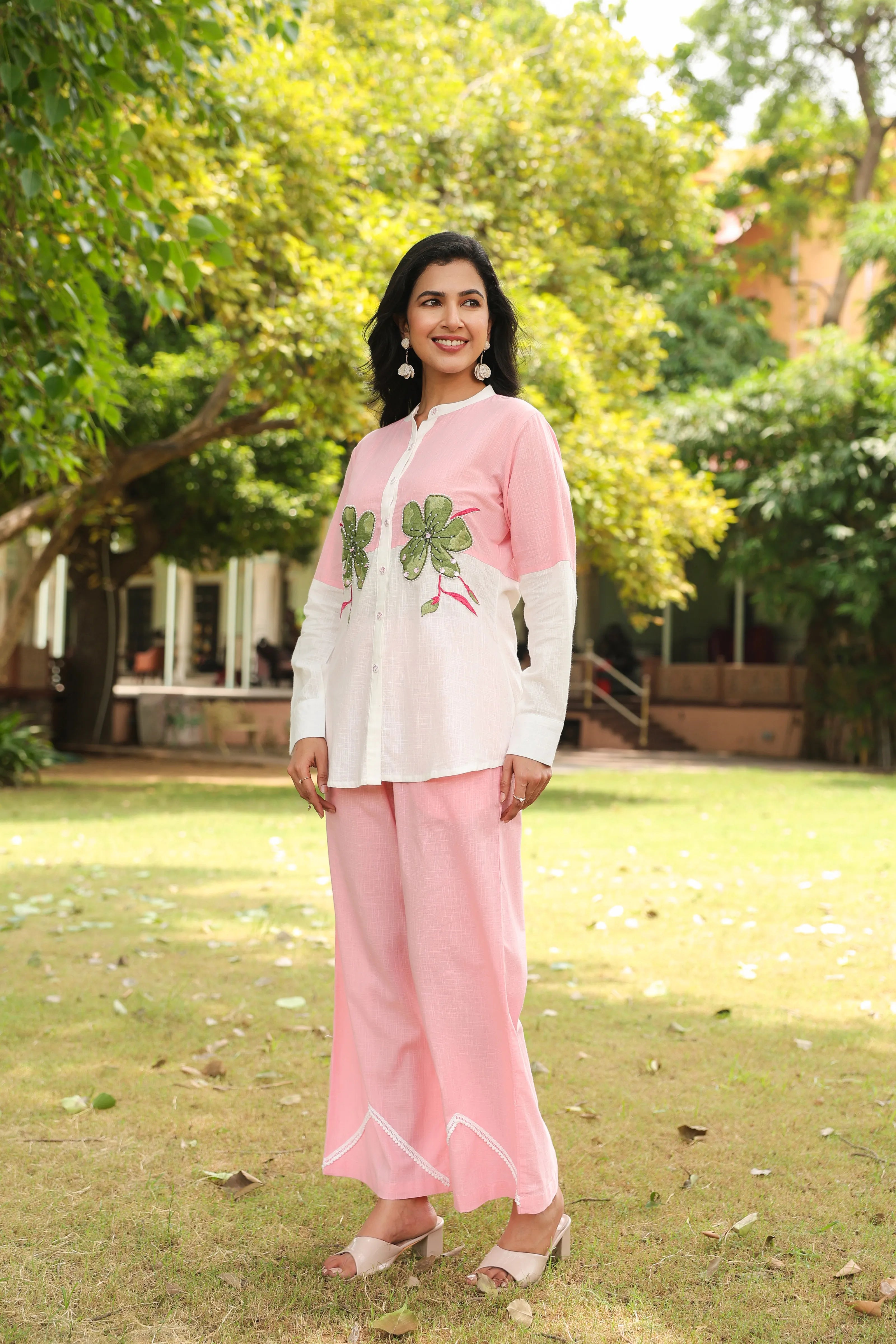 Pink Cotton Slub Co-ord Set with Green Flower Embellishment