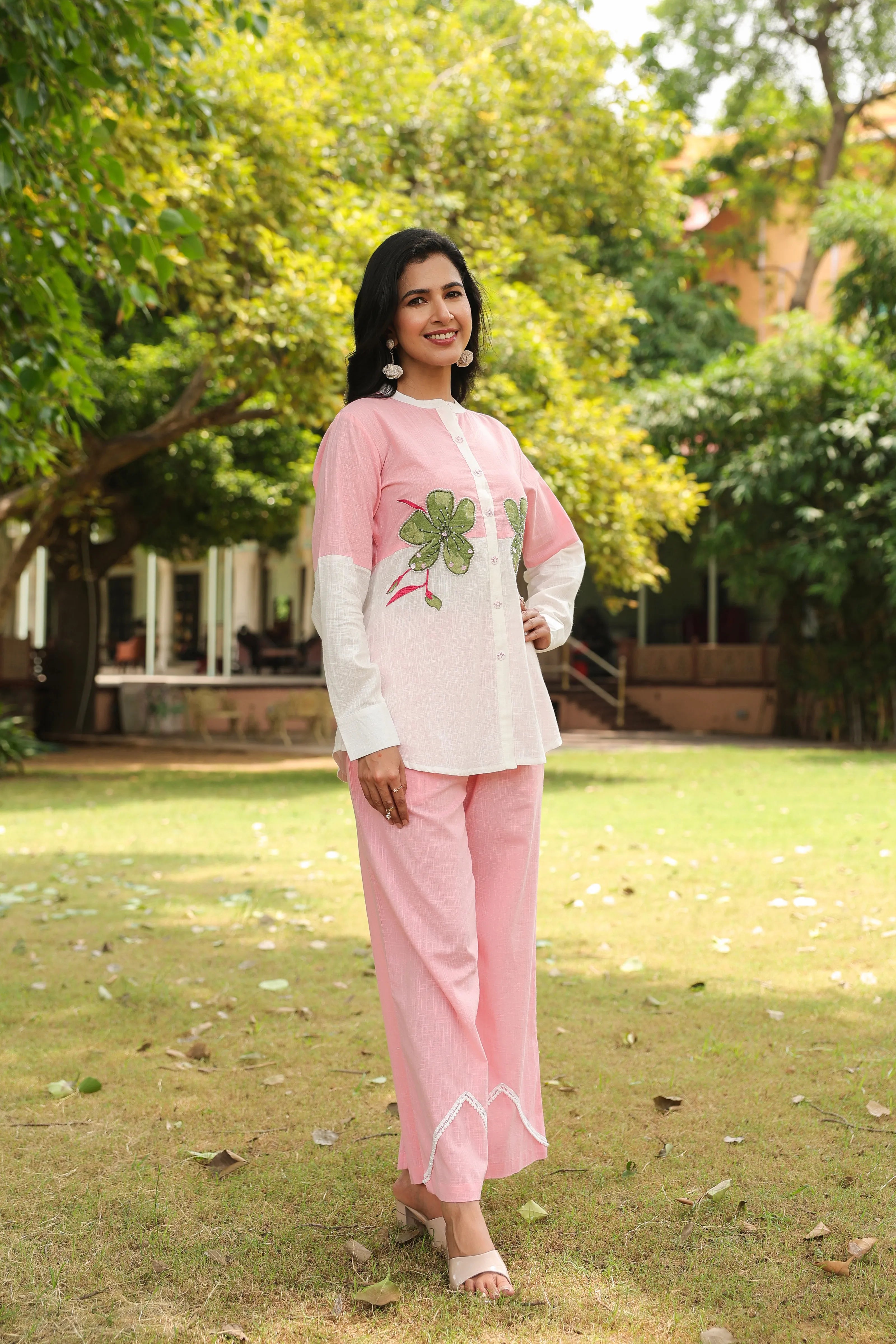 Pink Cotton Slub Co-ord Set with Green Flower Embellishment