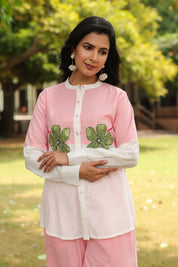 Pink Cotton Slub Co-ord Set with Green Flower Embellishment