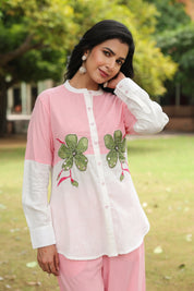 Pink Cotton Slub Co-ord Set with Green Flower Embellishment