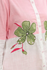 Pink Cotton Slub Co-ord Set with Green Flower Embellishment