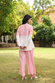 Pink Cotton Slub Co-ord Set with Green Flower Embellishment