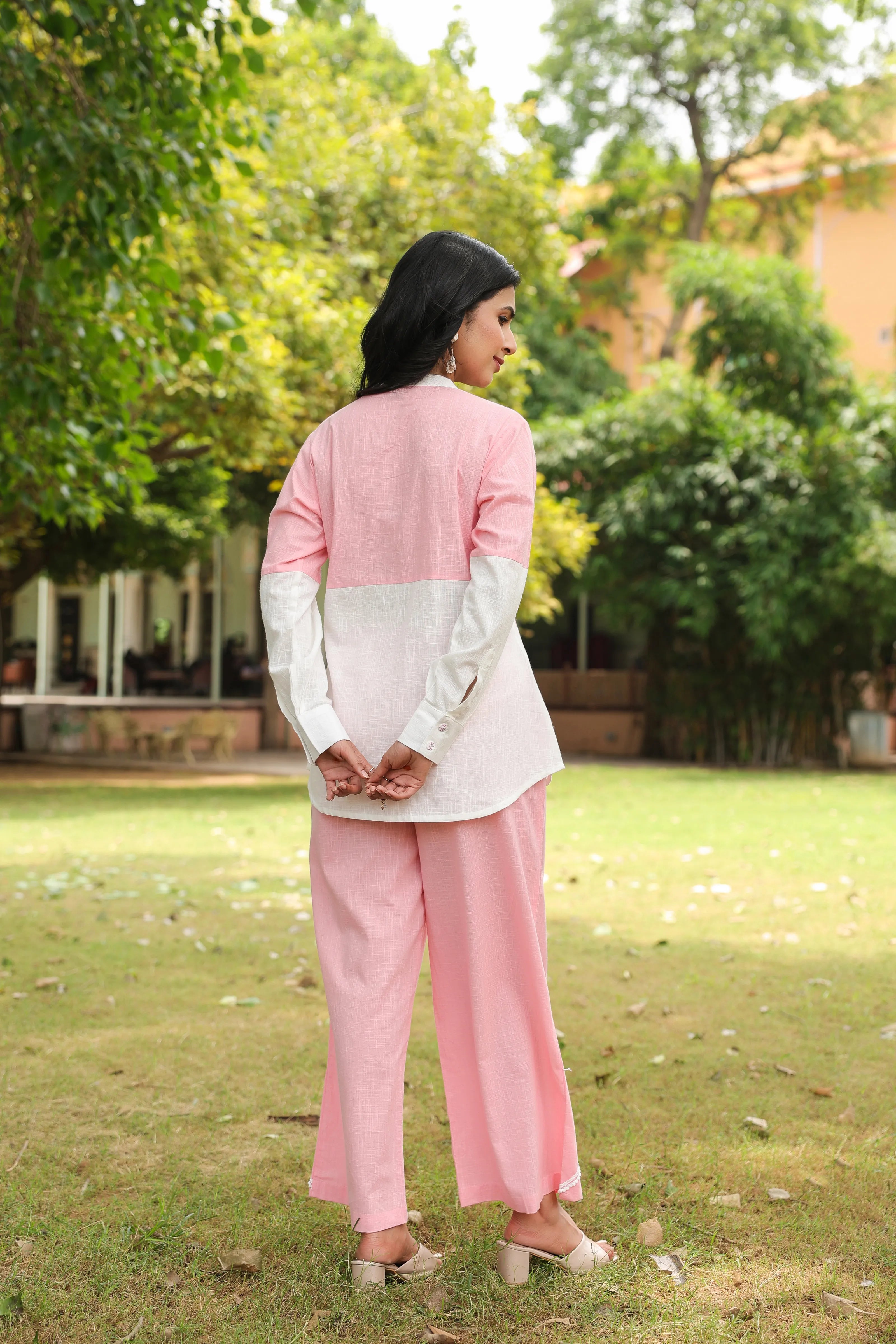 Pink Cotton Slub Co-ord Set with Green Flower Embellishment