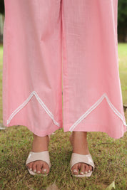 Pink Cotton Slub Co-ord Set with Green Flower Embellishment