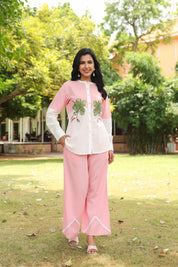 Pink Cotton Slub Co-ord Set with Green Flower Embellishment