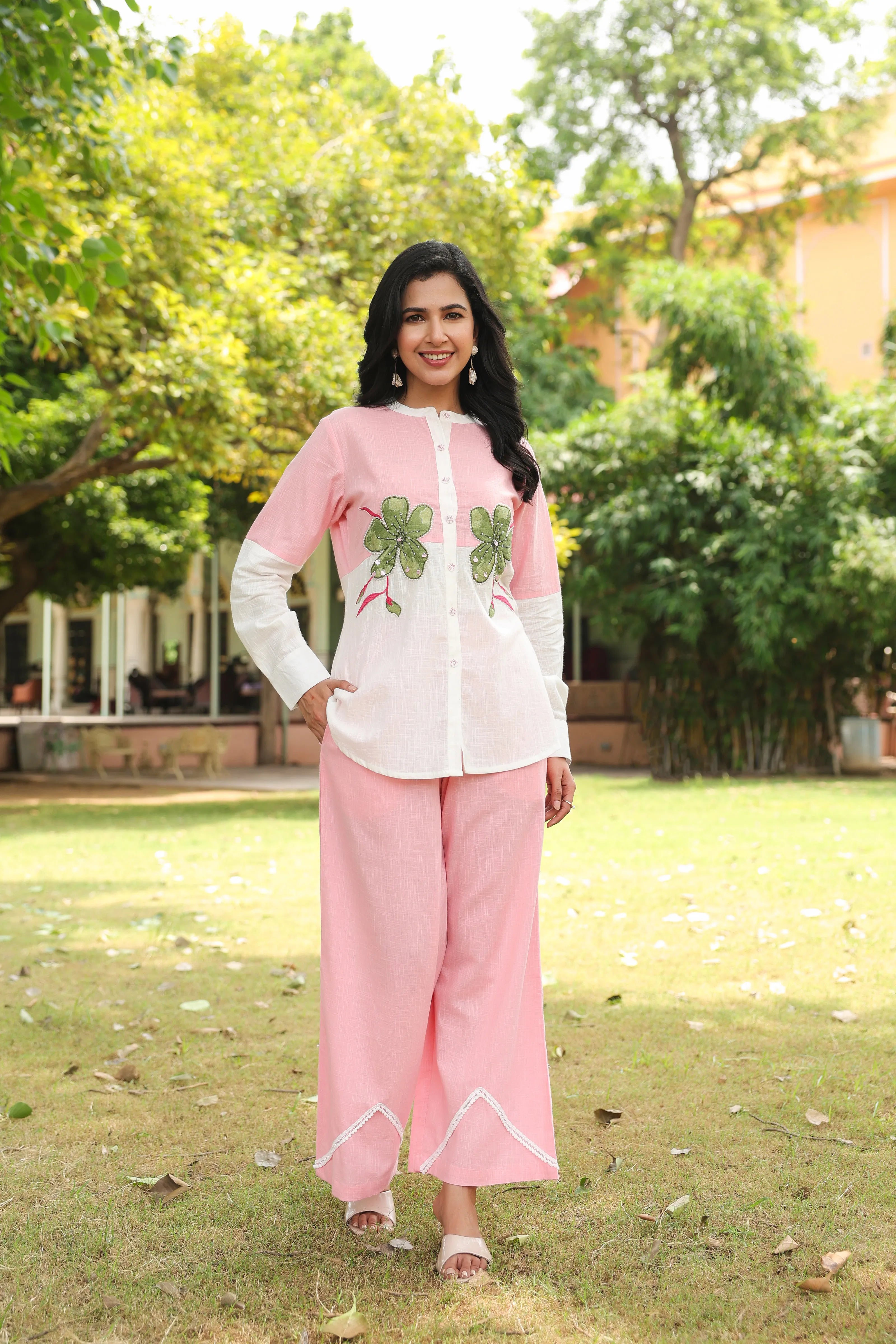 Pink Cotton Slub Co-ord Set with Green Flower Embellishment
