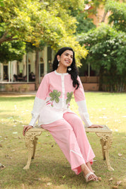 Pink Cotton Slub Co-ord Set with Green Flower Embellishment
