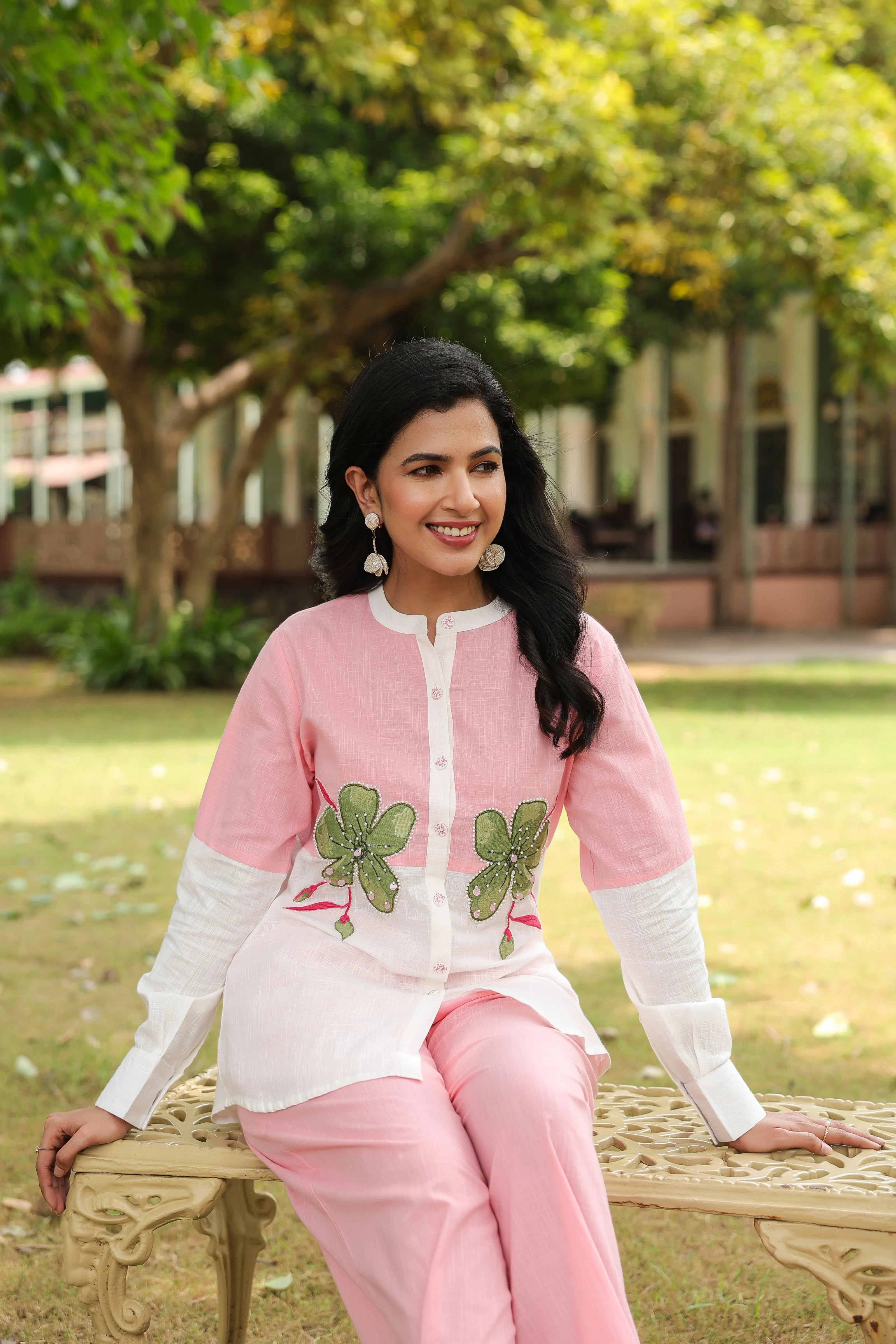 Pink Cotton Slub Co-ord Set with Green Flower Embellishment