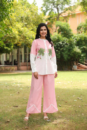 Pink Cotton Slub Co-ord Set with Green Flower Embellishment