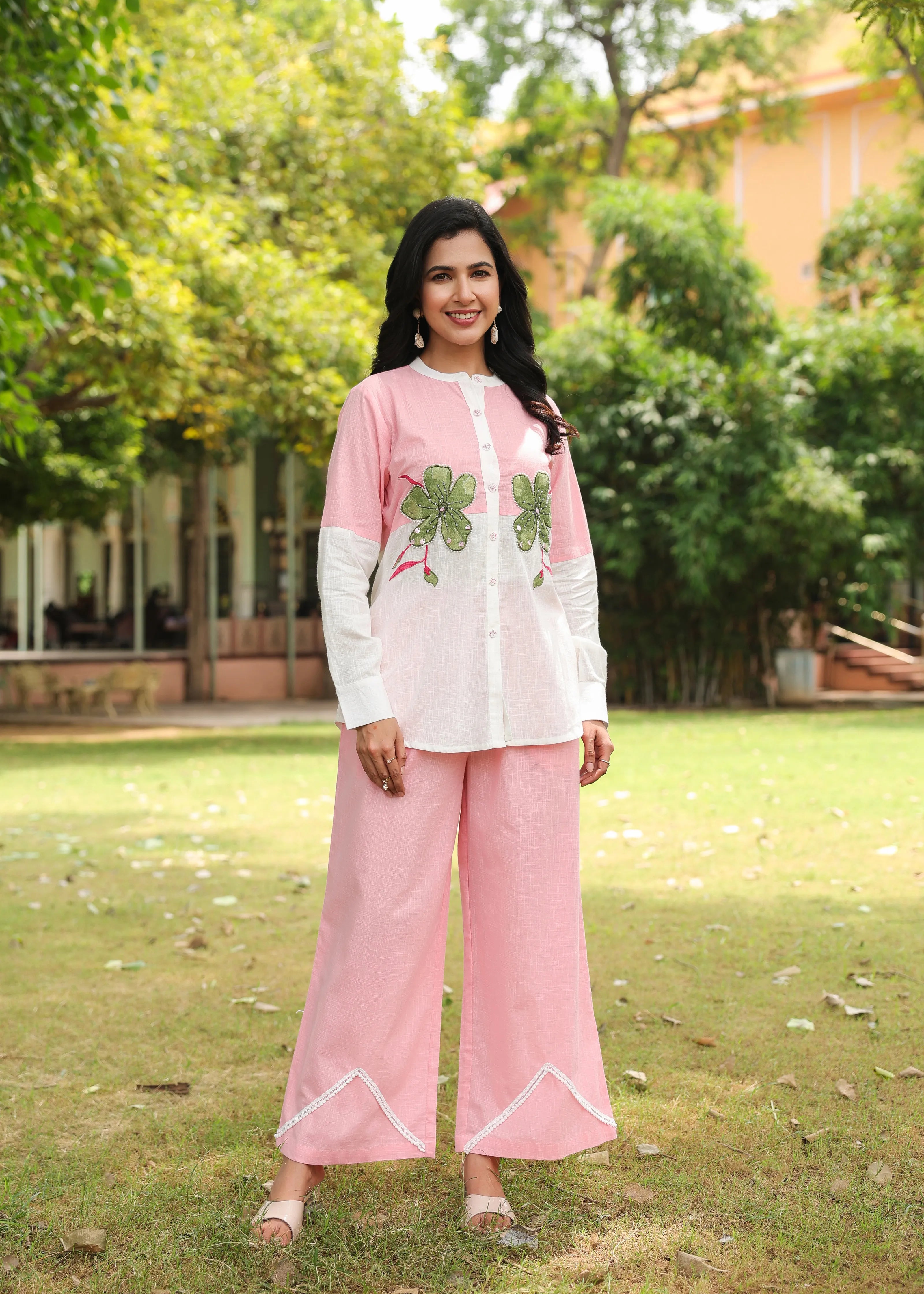Pink Cotton Slub Co-ord Set with Green Flower Embellishment
