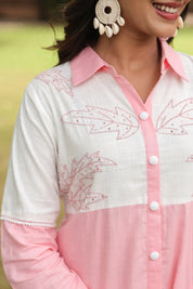 Pink & White Cotton Slub Leaf Embroidered Co-ord Set