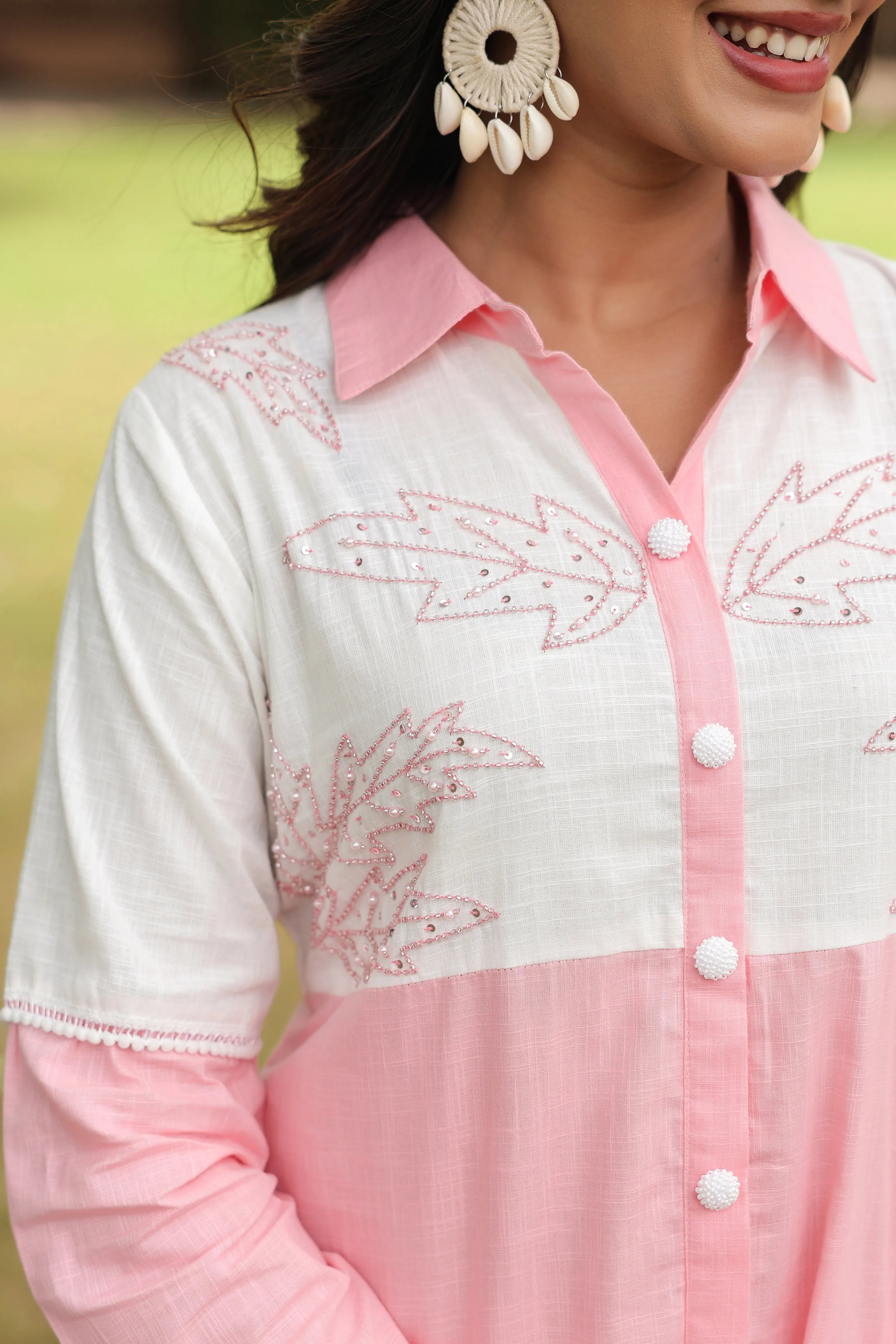 Pink & White Cotton Slub Leaf Embroidered Co-ord Set
