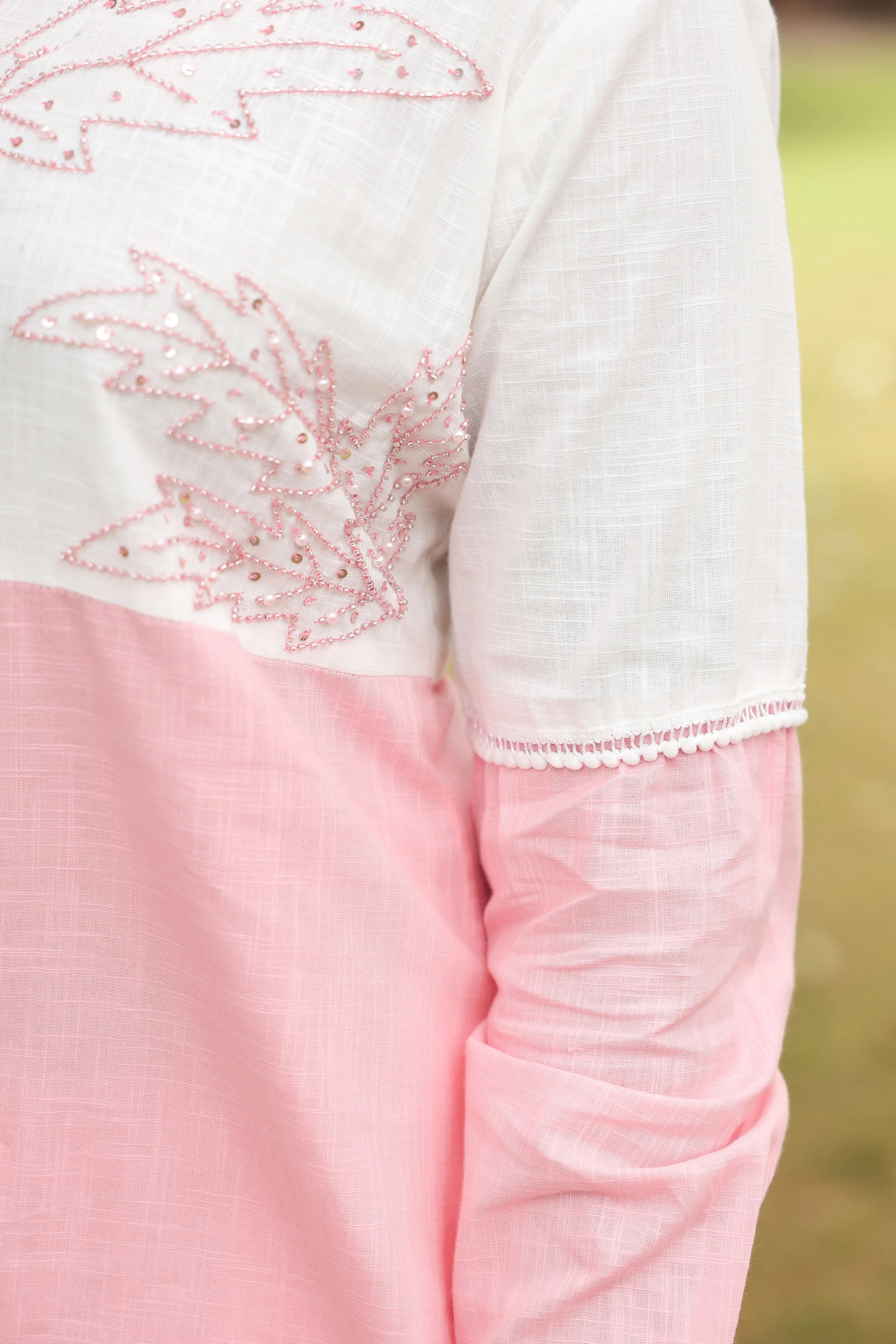 Pink & White Cotton Slub Leaf Embroidered Co-ord Set