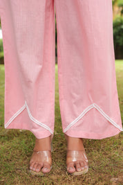 Pink & White Cotton Slub Leaf Embroidered Co-ord Set