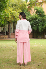 Pink & White Cotton Slub Leaf Embroidered Co-ord Set