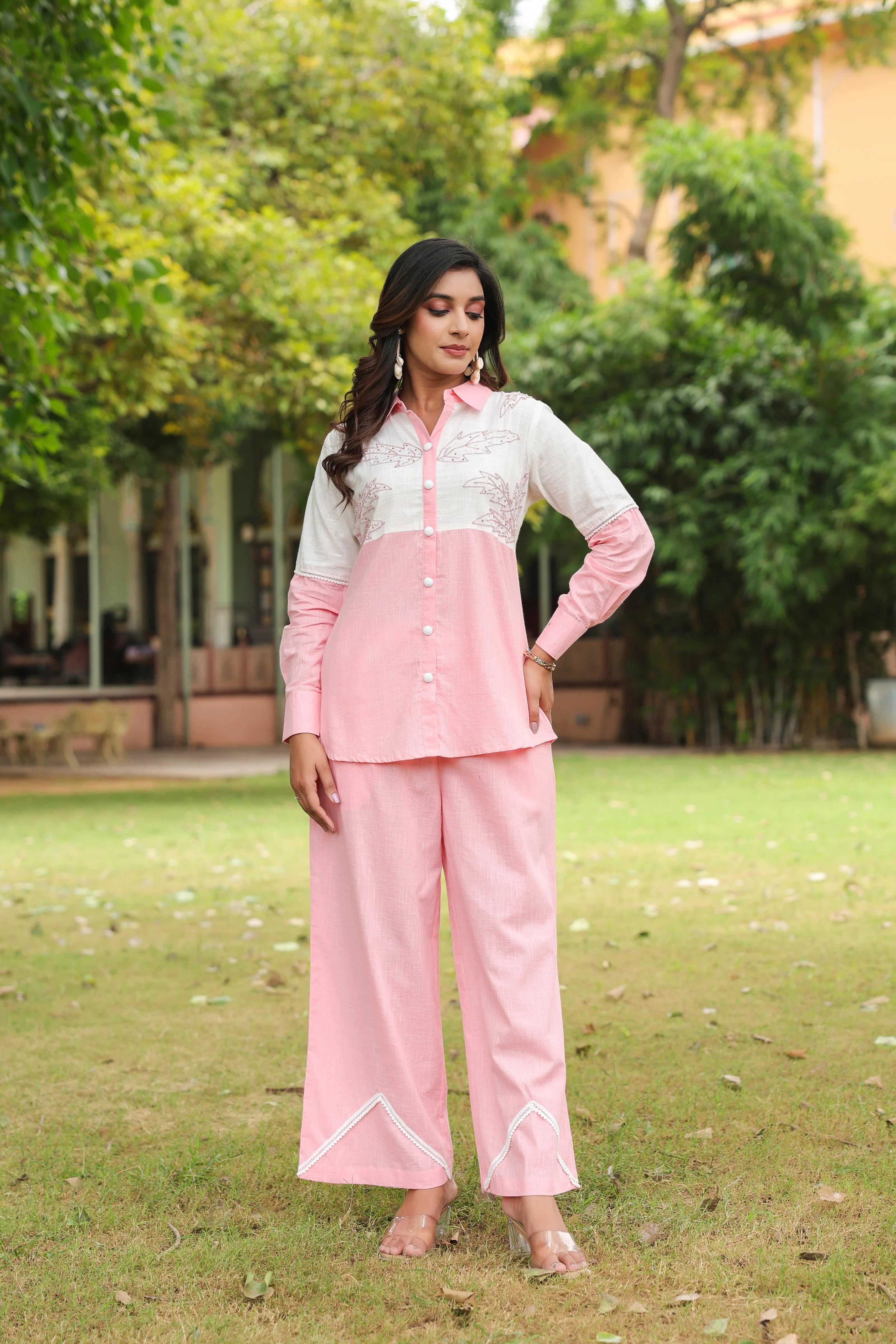 Pink & White Cotton Slub Leaf Embroidered Co-ord Set