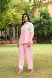 Pink & White Cotton Slub Leaf Embroidered Co-ord Set